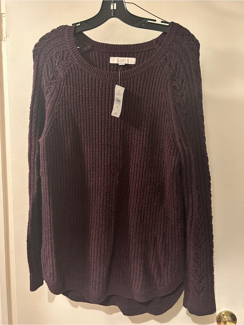LOFT Women's Plum Crewneck Cable-Sleeve Sweater